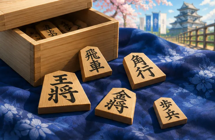 藍色の布の上に、木製の箱からこぼれ落ちた数枚の将棋の駒が置かれている。