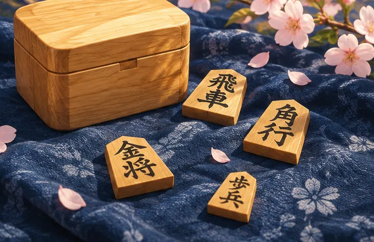 藍色の布の上に並ぶ数枚の木製将棋駒