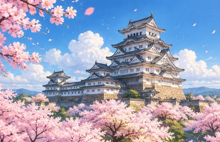 満開の桜と白い城の天守