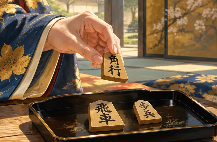 絹の袖口から伸びた手が持つ将棋の駒