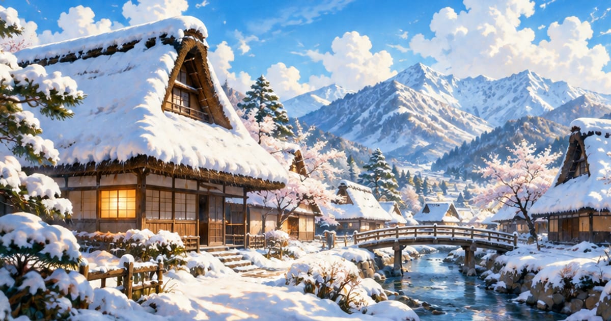 越後の雪景色に佇む茅葺き屋根の家屋