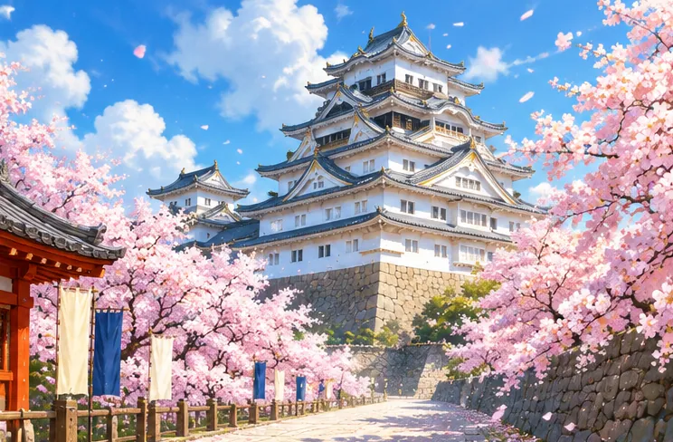 澄んだ青空と満開の桜の上にそびえる白壁の天守