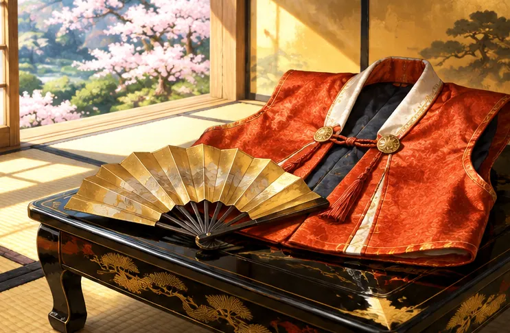 A folding fan and a battle surcoat resting on tatami bathed in sunlight