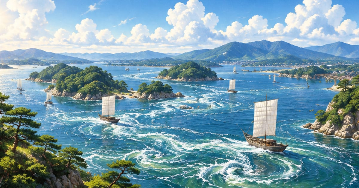 View of the Seto Inland Sea with whirlpools churning under a blue sky