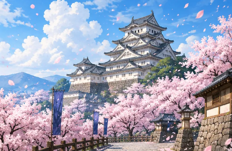 A white castle keep towering beyond cherry blossoms in full bloom