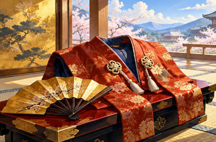 日の当たる畳の部屋で、漆塗りの台に置かれた金箔の扇子と朱色の陣羽織。