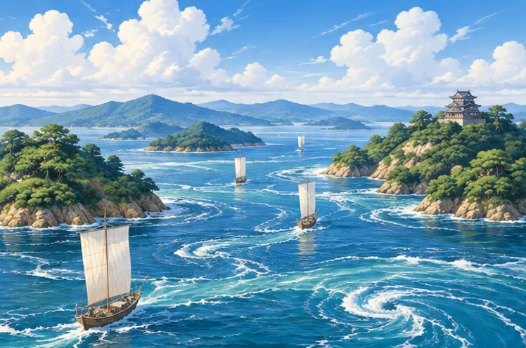 瀬戸内海の緑の島々と白い帆の船が浮かぶ海面で渦潮が巻いている風景