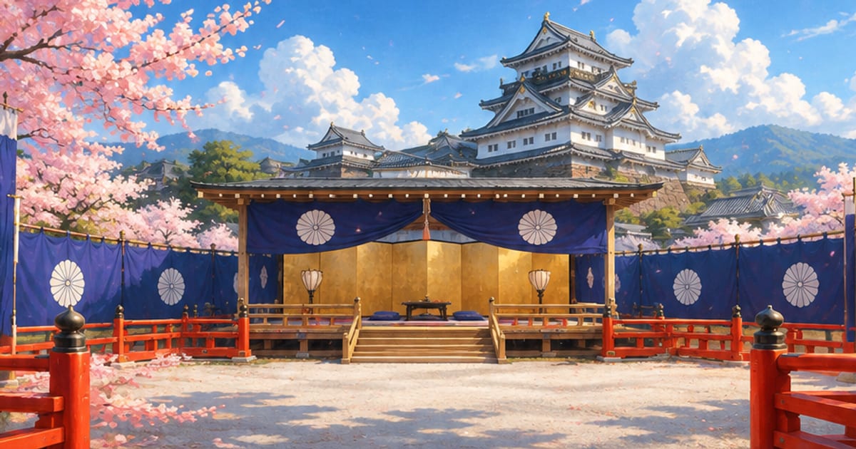 青空の城庭に敷かれた赤と藍の舞台