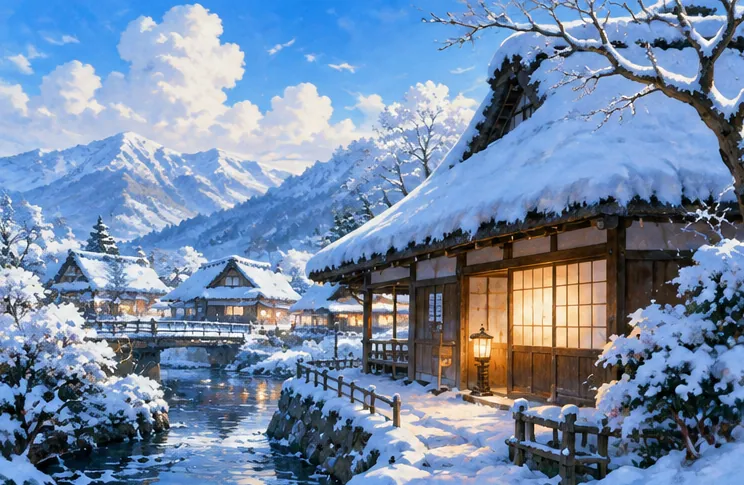 雪に包まれた静かな茅葺き屋根の家並み