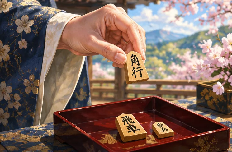 Hand reaching out from a silk sleeve beside wooden pieces