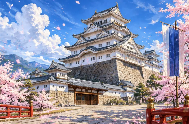 Scenery of cherry blossoms in full bloom and a white castle keep under a blue sky