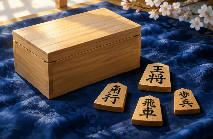 藍色の布の上に置かれた数枚の将棋駒と木箱