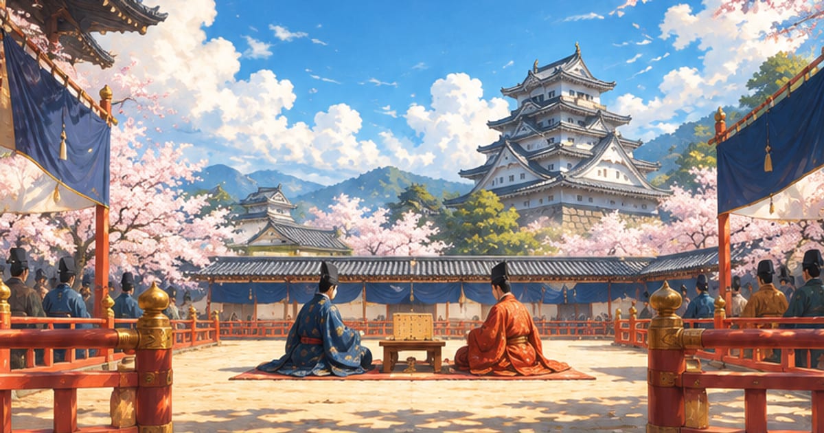 青空の城内で行われる華やかな御前試合の情景