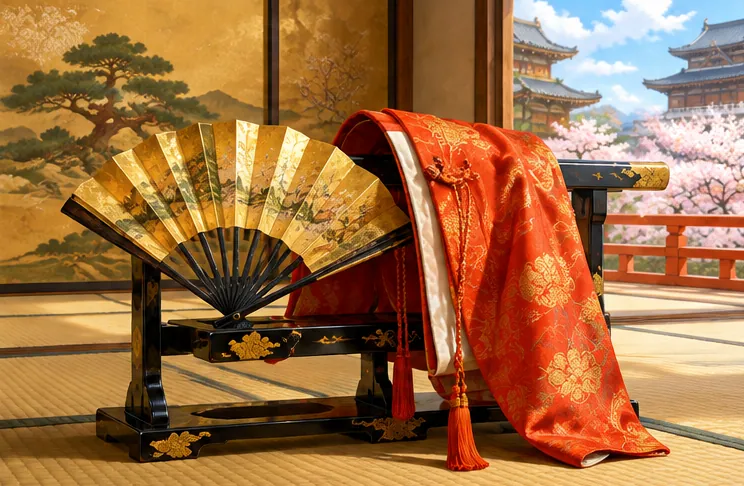 日差しが差し込む畳の部屋に置かれた金箔の扇と陣羽織