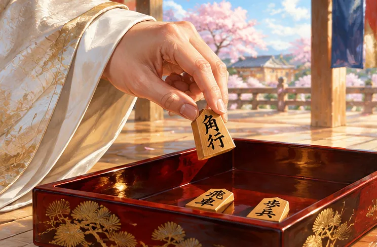 絹の袖から木製の将棋駒を持つ手元