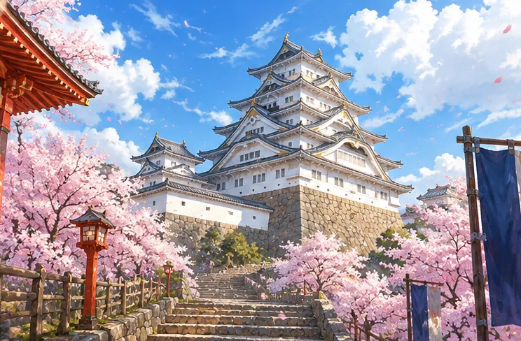 春の陽光に輝く白い天守と舞い散る桜