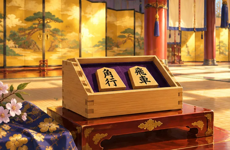 金屏風の広間に置かれた駒箱と二枚の将棋駒