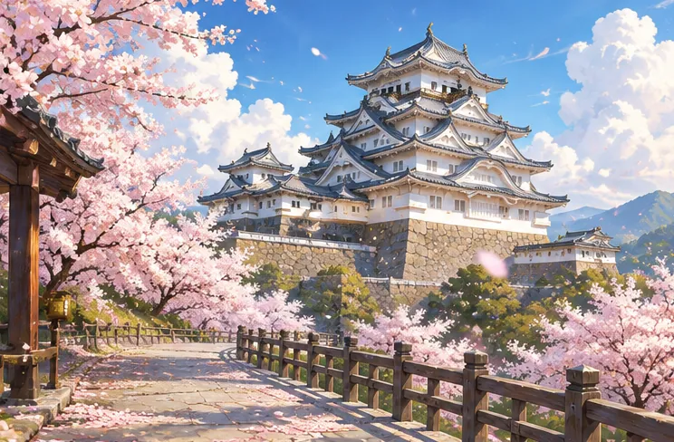 満開の桜と青空に映える白壁の城郭の天守