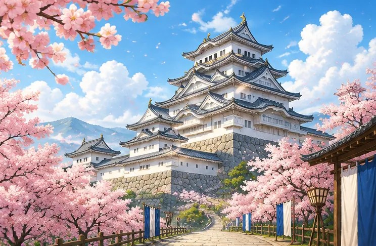春の陽光に輝く天守閣と咲き誇る桜