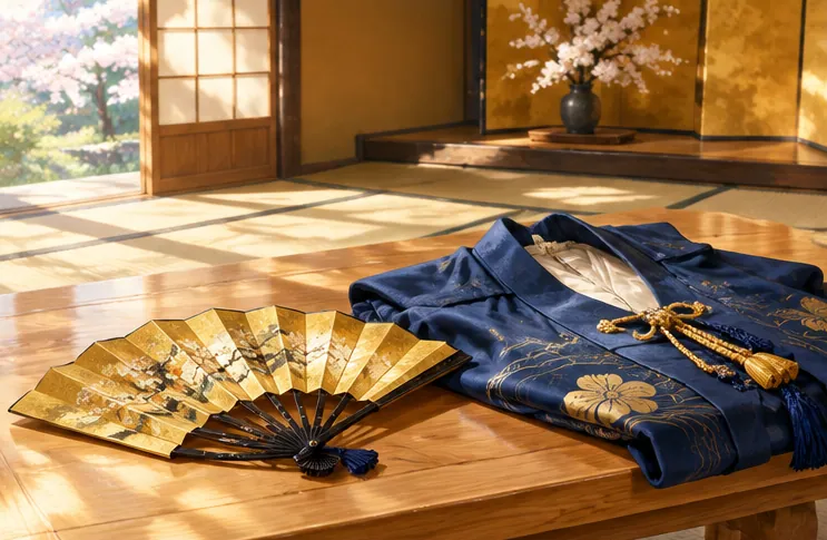 机の上に置かれた金箔の扇と鮮やかな羽織