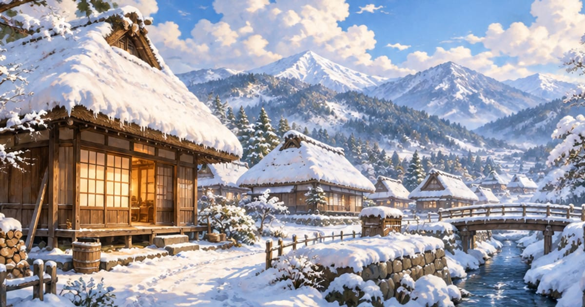 雪化粧した静かな日本家屋の風景