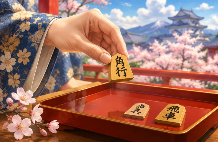 絹の袖口から差し出された手と木製の将棋駒