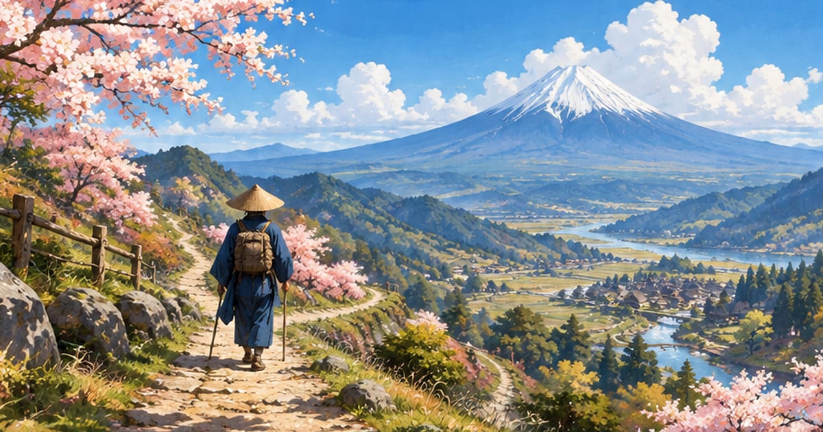澄んだ青空の下に広がる甲斐の山並みと旅人の後ろ姿