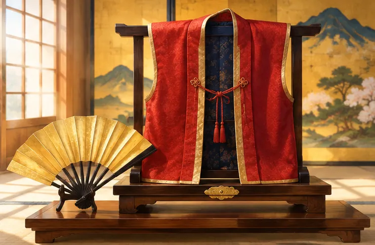 日差しが差し込む畳敷きの部屋に置かれた金箔の扇と陣羽織