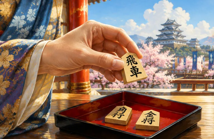 絹の袖を着た手が、漆塗りの盆の上で木製の五角形の駒を一つ持っている様子。