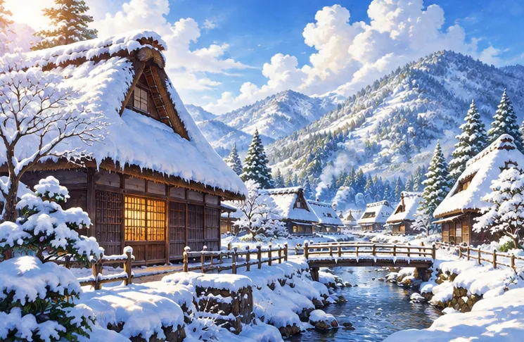 雪に覆われた茅葺き屋根の村で、窓から温かい光が漏れている冬の風景。