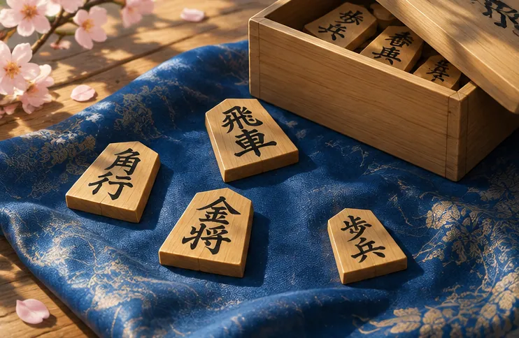藍色の布の上に並ぶ数枚の将棋の駒