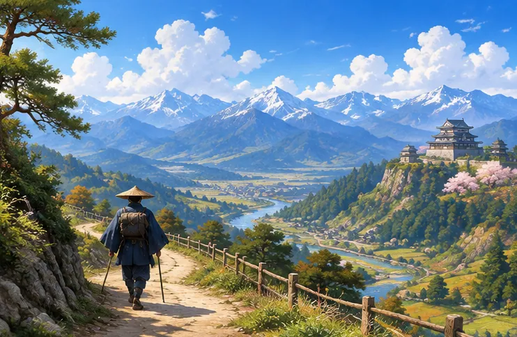 青空の下に広がる甲斐の山並みと旅人