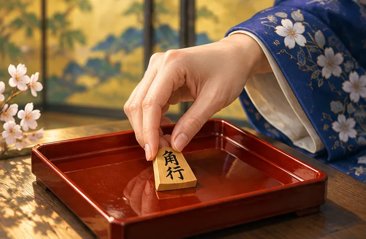 小さな漆塗りの盆の上に置かれた将棋の駒