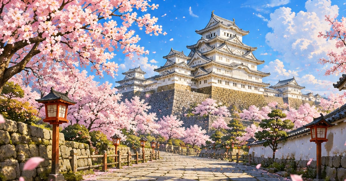青空に映える天守閣と咲き誇る桜の花びら