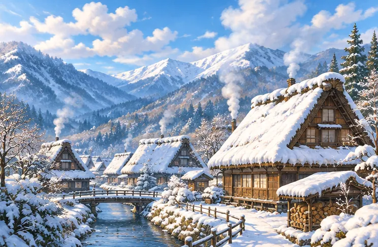 柔らかな冬の光が注ぐ越後の雪景色と民家