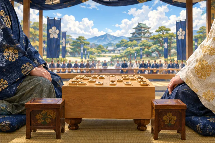 対局の終盤に駒が配置された盤面を上から俯瞰した情景