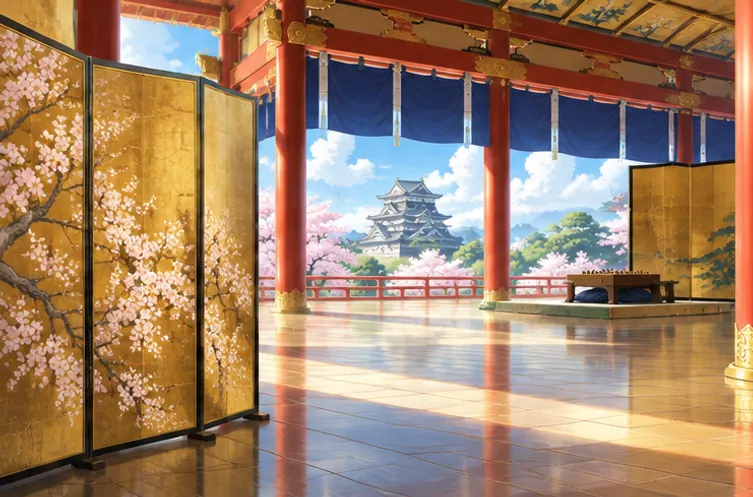 金箔の屏風が置かれた明るい城の広間