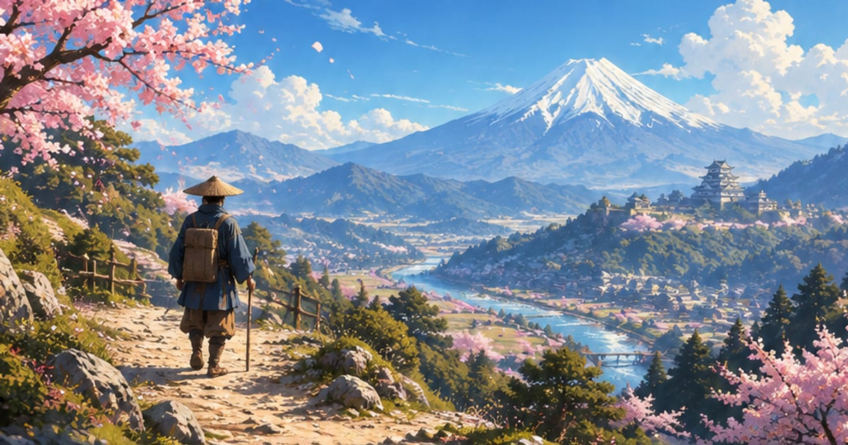 晴れた空の下、山道を歩く旅人の背中と遠くに見える雪を頂いた山