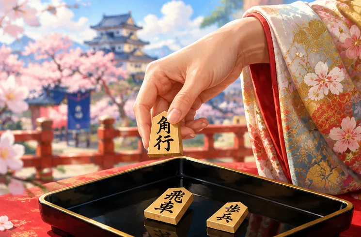 絹の袖の手元と漆塗りの盆に置かれた将棋駒
