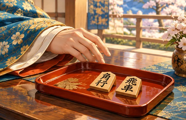 放置於漆器托盤上的將棋棋子與和服衣袖