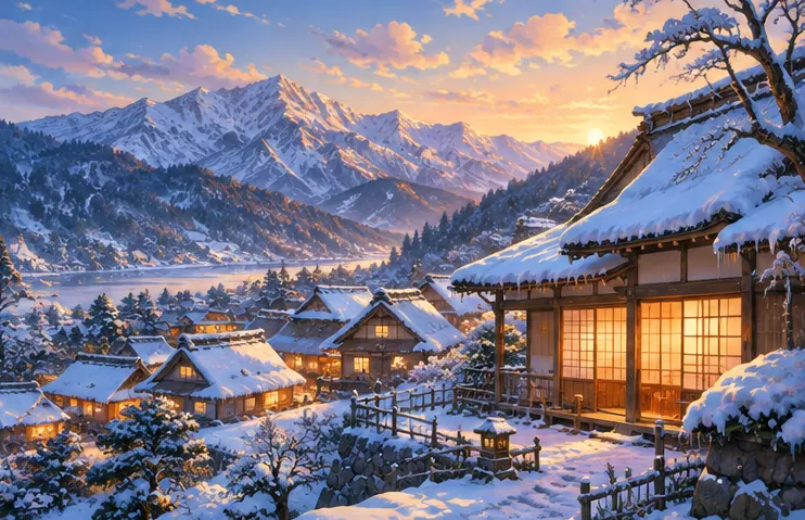 靜靜覆蓋白雪的茅草屋頂美麗冬景