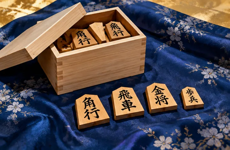 A wooden piece box and several pieces resting on dark blue silk fabric