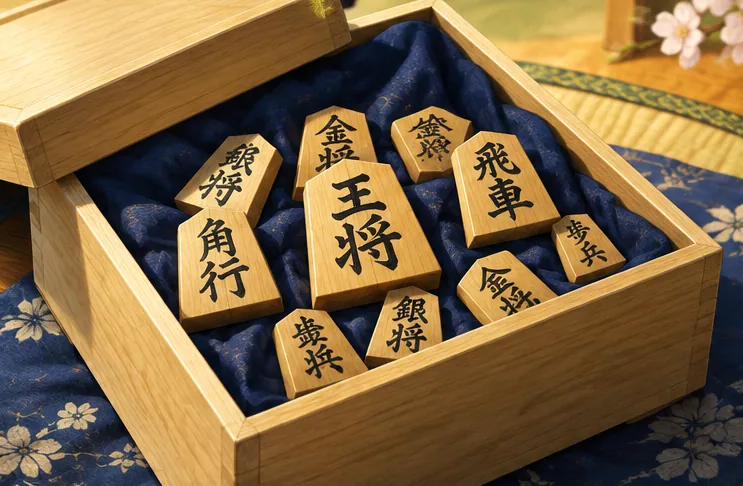 放在布上的將棋棋子與駒箱