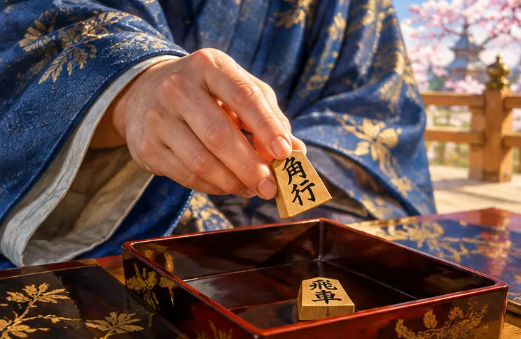 絹の袖から木製の将棋駒を持つ手元の様子