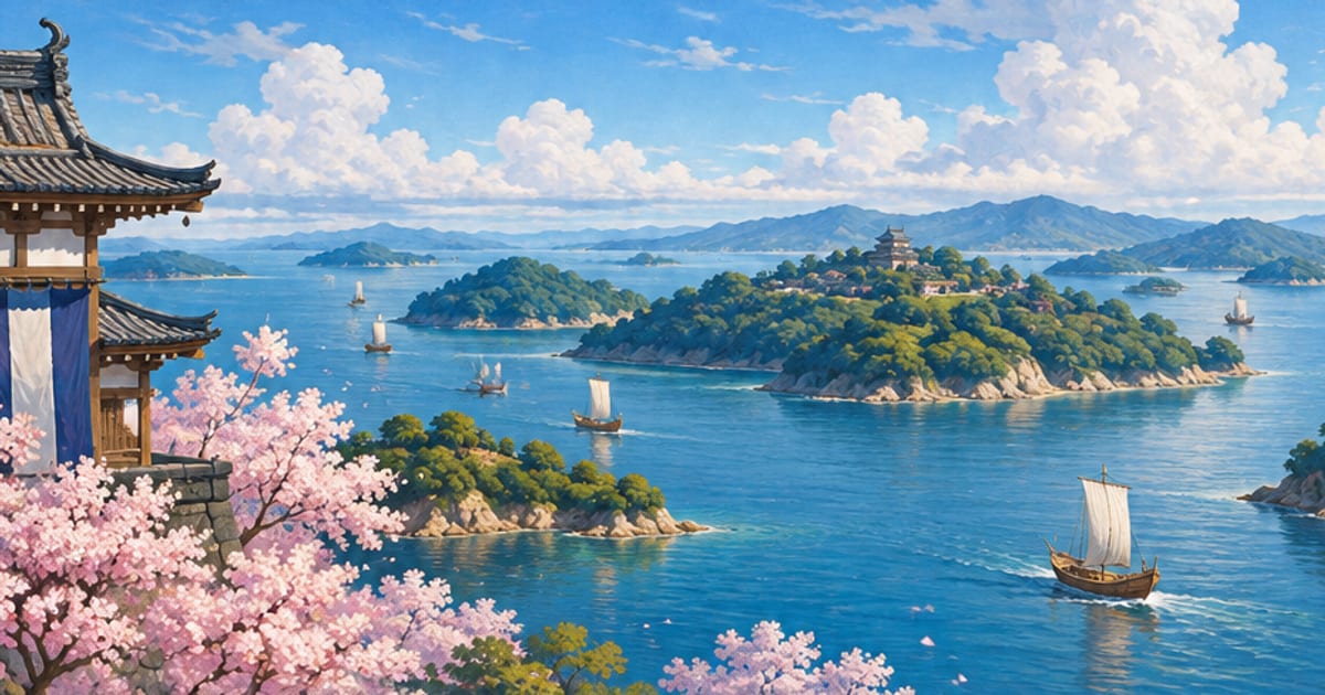 瀬戸内の明るい海と白帆の小舟が広がる風景