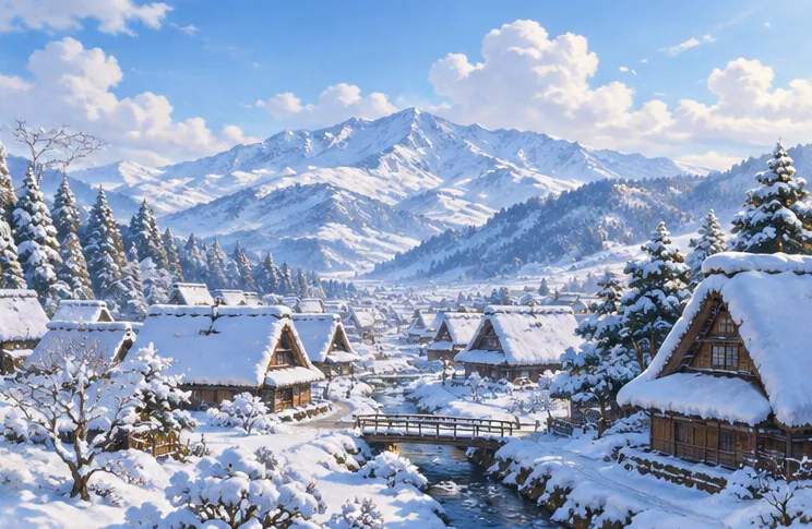 雪に覆われた静かな越後の集落と灯火