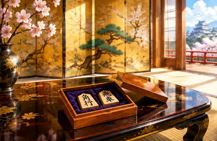 A piece box resting on a low stand in a hall with unfolding gold folding screens