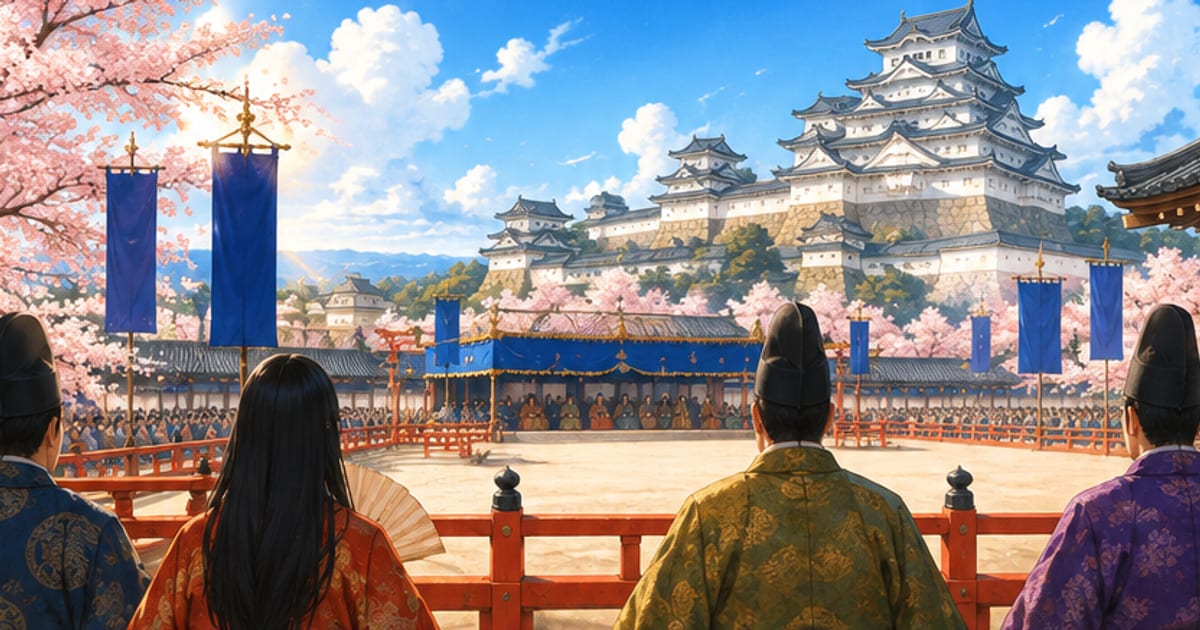 A grand court match stage with red railings set in a castle courtyard under a blue sky