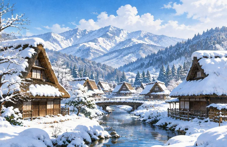 Echigo snowscape and traditional houses bathed in soft winter sunlight