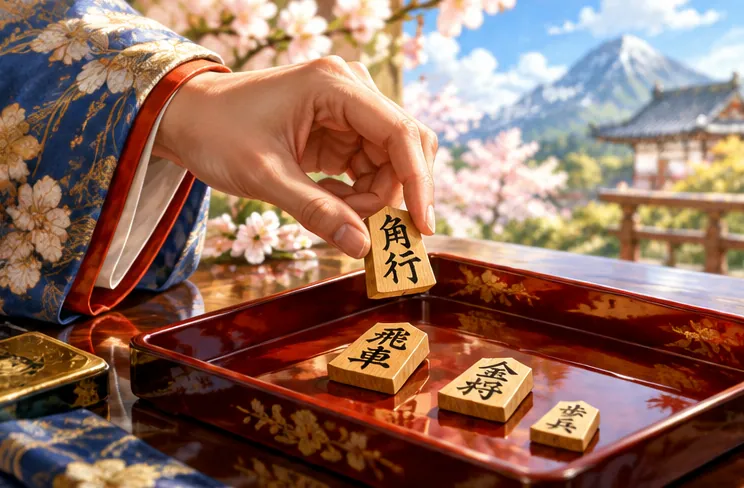 絹の袖口から伸びる手と漆の盆に置かれた将棋の駒